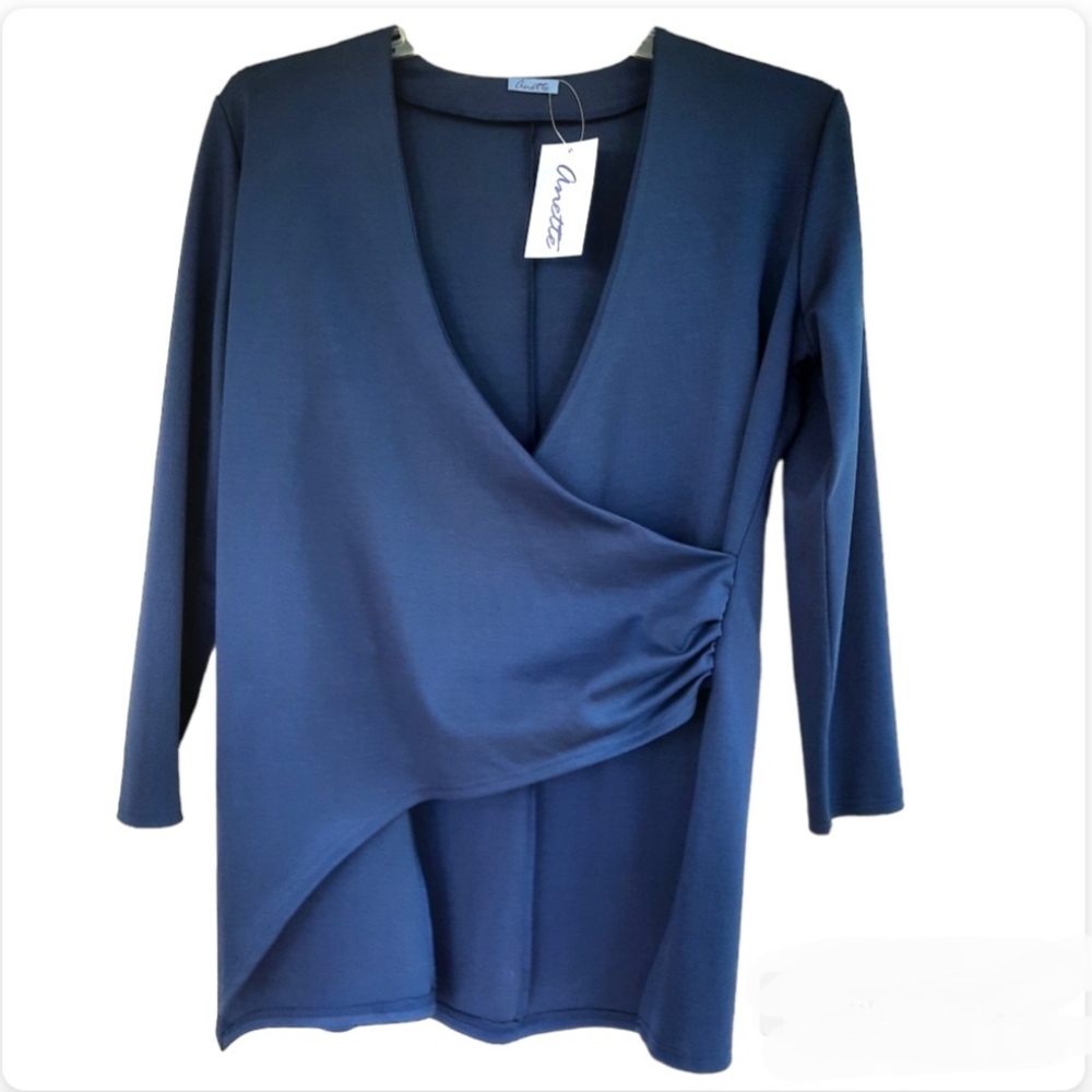 Anette Navy Blue Women's Wrap Ruched Blouse High Low Hem Long Sleeves Size 2XL